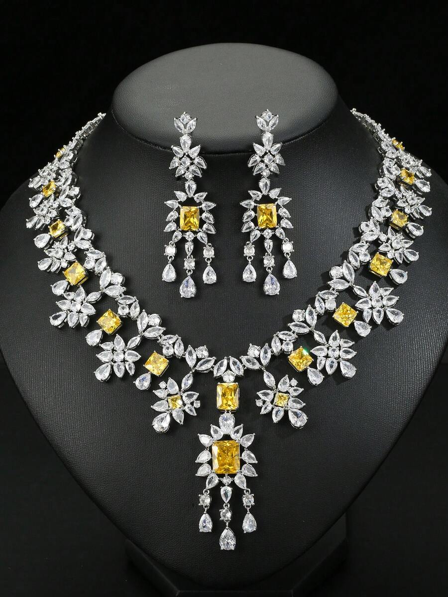 1套3入組歐美風格項鍊和耳環裝飾設計,高檔婚禮或宴會珠寶,女性節日穿戴 - 花朵 - 查看 1