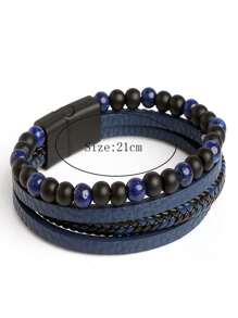 yijiangbeiting 復古男士手編天然黑曜石手鍊,珠狀虎眼石皮革手編多層疊戴手鍊 - 彩色 - 查看 4