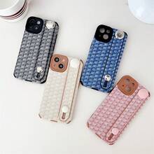 豪華皮革編織圖案手帶支架手機殼,適用於iphone 15 11 12 13 14 Pro Max Plus,軟支架防震保護套 - 粉色 - 查看 6