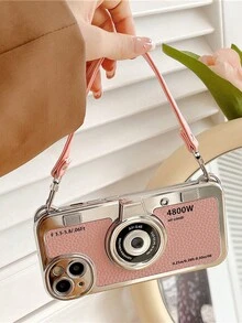 Ba chiều Mạ điện Retro Máy chụp hình Dây buộc Điện thoại di động Loại vỏ Tương thích với Apple 15promax 14 13 12 11 Bao gồm tất cả Chống rơi Vỏ bảo vệ - Hồng - Xem 2