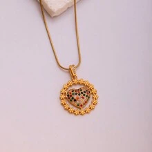 1件嘻哈个性炫酷风格亮爱心造型不锈钢链镀铜18K金方晶锆石适合生日情人节礼物情侣日常装饰 - 金黃色 - 查看 5