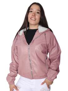 Chamarra Chaqueta Cazadora Dama Vinipiel Peluche Borrego Moda - Rosa - Ver 2