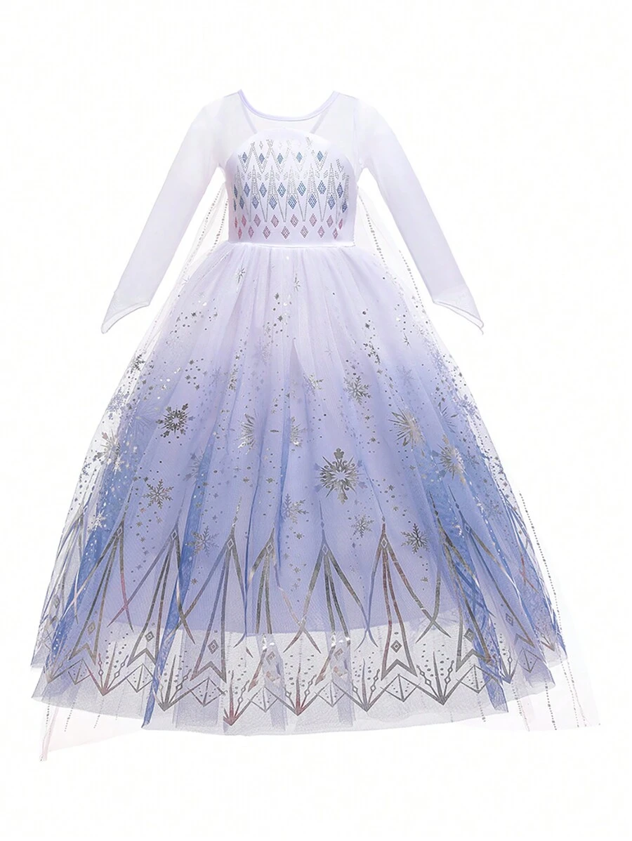 Young Girls Long Sleeve Snowflake Pattern Tulle Elegant Princess Birthday Party Dress, Suitable For Balls, Hosting Events, Parties, Without Headband, Random Tulle Seam Position At Back