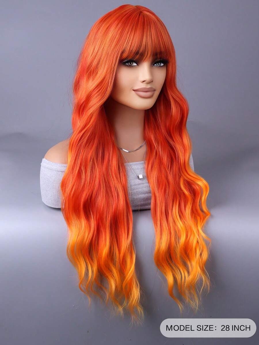 假紅色自然日常髮瀏海捲髮假髮 - 亮橙色 - 查看 1