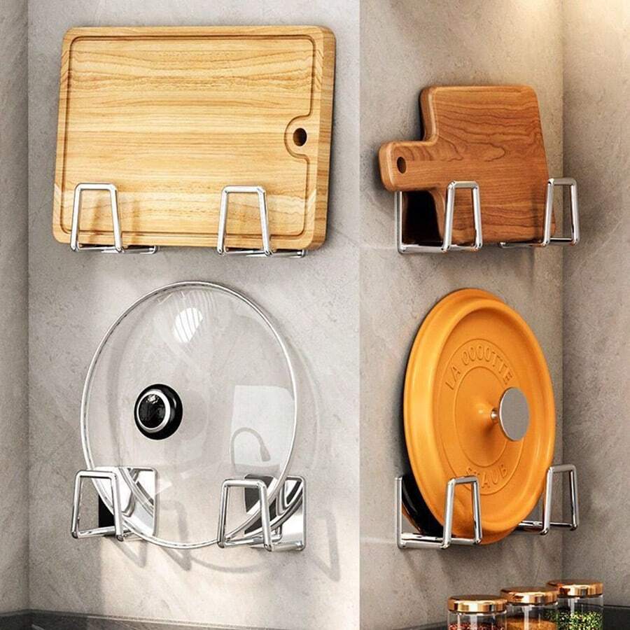 2pcs Kitchen Storage Racks, No Drill Wall Mounted Pot Cover Holder, Chopping Board Organizer, Multi-Functional Storage Shelf For Cabinet - Silver - View 1