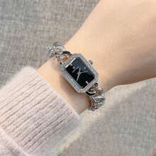 Pablo Raez 1pc Ladies Watch Gold Watch Women's Elegant Stainless Steel Bracelet Watch, Silver Stainless Steel & Rhinestone Decor Rectangular Case, Black Minimalist Dial, Jewelry Clasp, Waterproof, Full Automatic Quartz Electronic Wristwatch, Suitable For Daily Life, Work, Parties, And Decoration - Silver - View 12