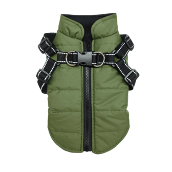 1pc Green Waterproof Windproof Warm Pet Jacket, Zipper Front With Reflective Strips, Chest Harness For Cats & Dogs, Outdoor Coat For Winter