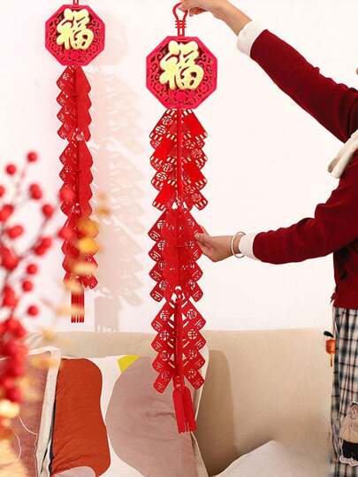 1pc Chinese New Year Decoration Firecracker Shaped Ornament For Indoor Home Decor, Red Hollowed-Out Hanging Pendant