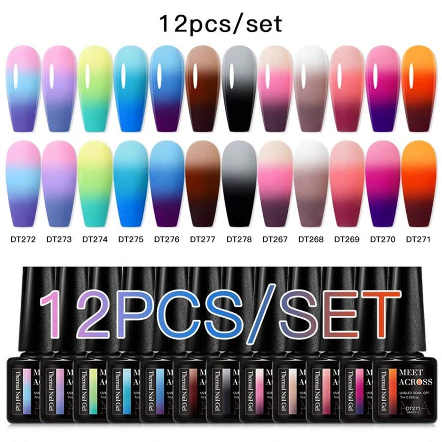 12Pcs Thermal Gel Nail Polish Set Winter Color Temperature Color-Changing Semi Permanent Varnishes Soak Off UV LED Long Lasting Nail Art Gel Kit Nails - 彩色 - 查看 1