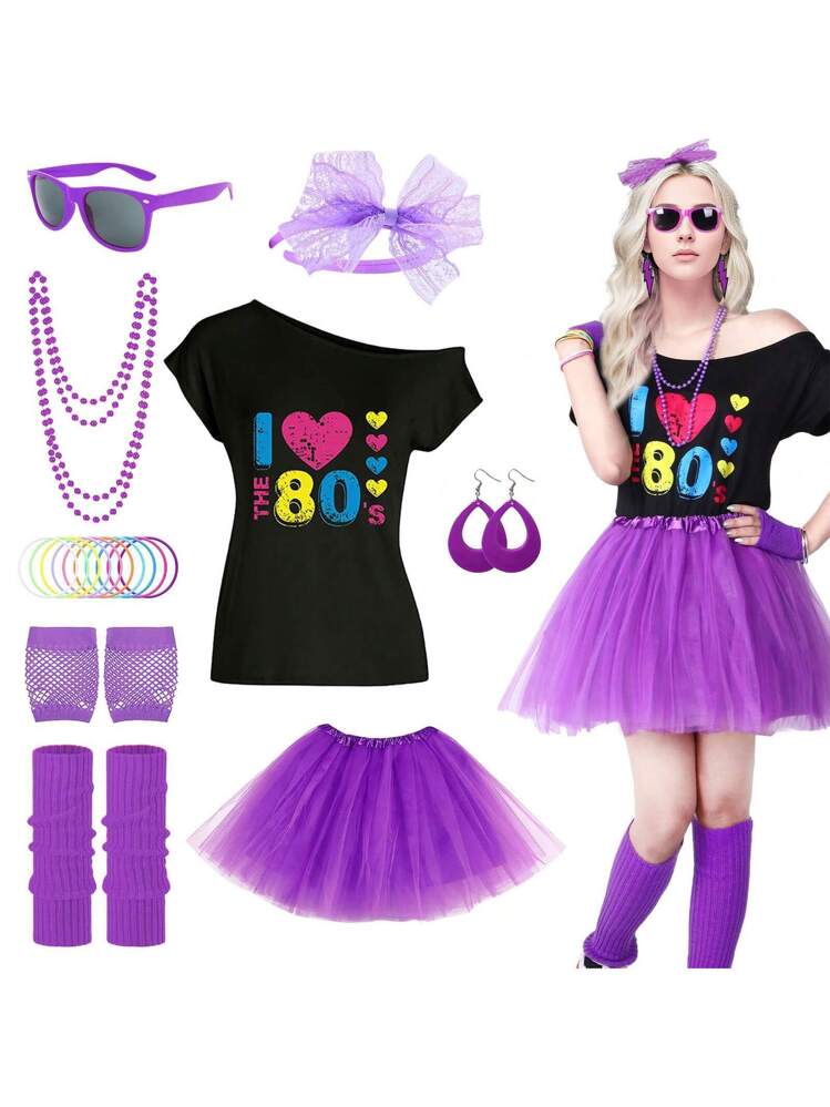 Pack Disfraz Años 80 Para Mujer – 5 Piezas Con Camiseta De Labios, Guantes De Rejilla, Gafas, Collar Y Pulseras De Neón – Fiesta Temática