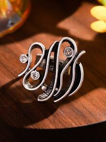 1pc Vintage, Unique, Creative Zinc Alloy & Rhinestone Geometric Decorated Open Ring For Women, Girls, Party Gift - Antique Silver - View 4