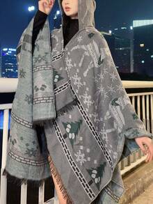 1 件裝女士鹿和雪花印花聖誕風格溫暖斗篷,非常適合冬季攝影氛圍 - 灰色 - 查看 2