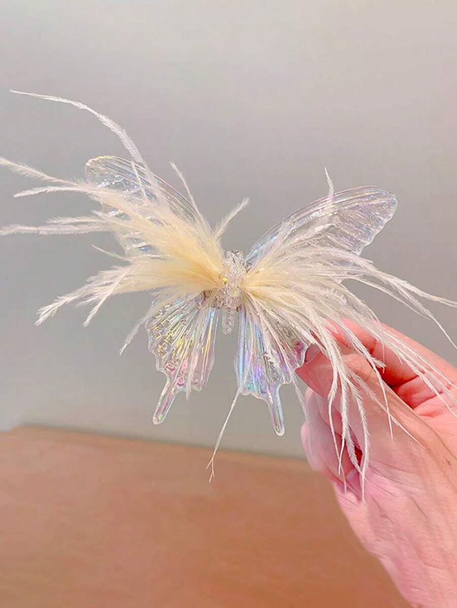 1個新款兒童髮夾,帶有蝴蝶、人魚和羽毛細節,適用於女孩的髮飾 - 黃色 - 查看 1