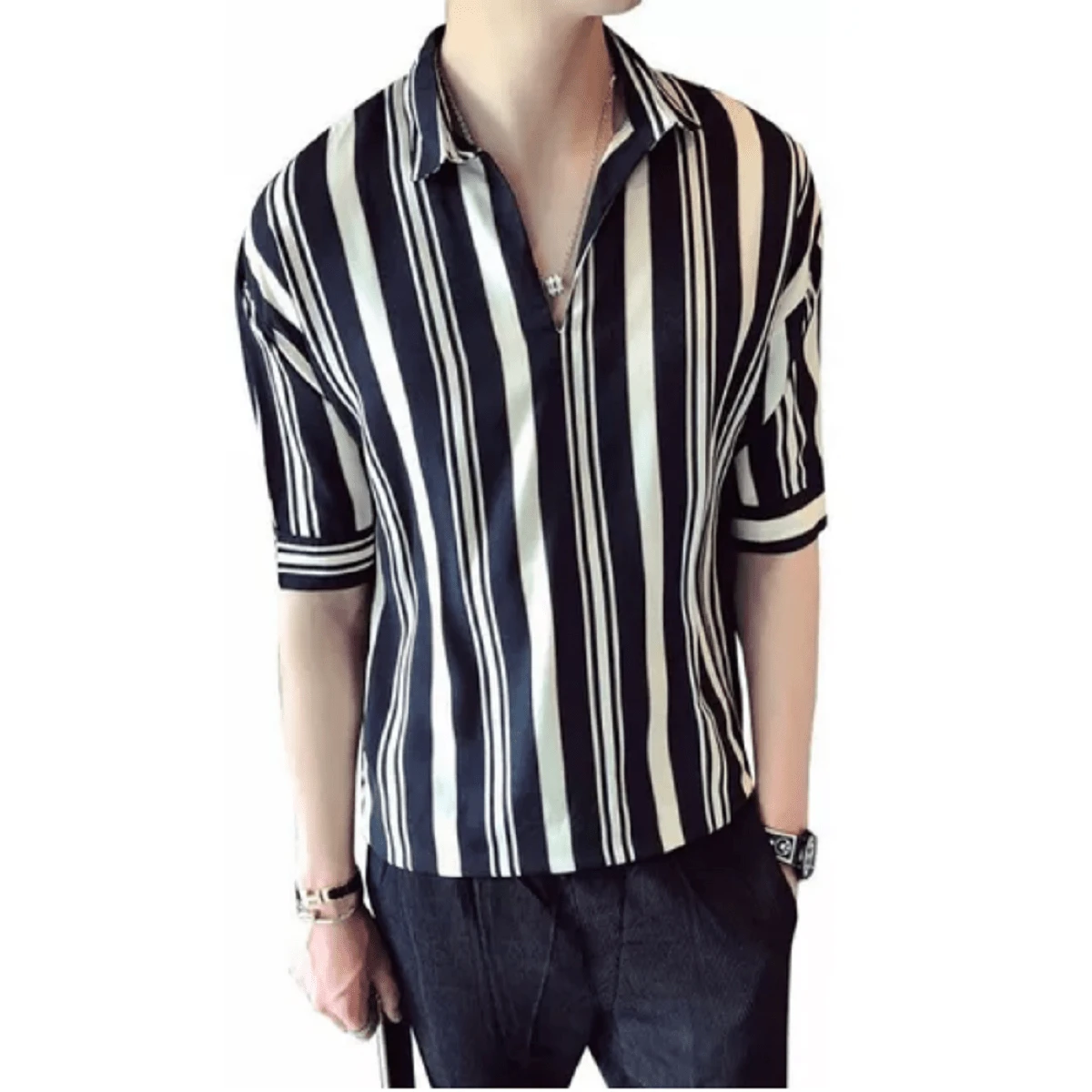 Camisa Hombre Casual Manga Medio Slim Manga Casual Formal - Negro - Ver 1