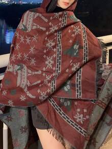 1件女士雪花和鹿印花耶誕風格保暖披風,適用於寒冬氛圍和拍照 - 酒紅色 - 查看 3