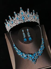 A Set Of Female Bridal Accessories, Blue Rhinestone Embellished Crown, Necklace And Earrings Combination, 4-Piece Wedding Accessories Set, Wedding Dress, Jewelry, Also Suitable For Wedding Parties Tiaras - Silver - View 2