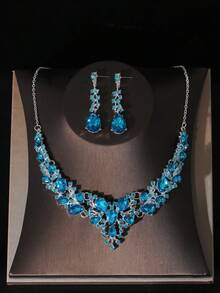 A Set Of Female Bridal Accessories, Blue Rhinestone Embellished Crown, Necklace And Earrings Combination, 4-Piece Wedding Accessories Set, Wedding Dress, Jewelry, Also Suitable For Wedding Parties Tiaras - Silver - View 5