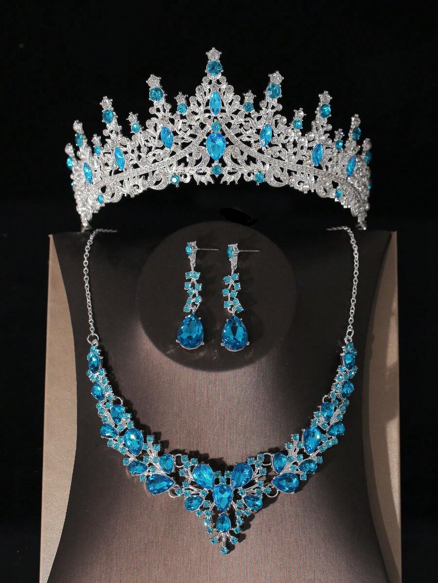 A Set Of Female Bridal Accessories, Blue Rhinestone Embellished Crown, Necklace And Earrings Combination, 4-Piece Wedding Accessories Set, Wedding Dress, Jewelry, Also Suitable For Wedding Parties Tiaras - Silver - View 1