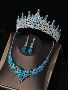 A Set Of Female Bridal Accessories, Blue Rhinestone Embellished Crown, Necklace And Earrings Combination, 4-Piece Wedding Accessories Set, Wedding Dress, Jewelry, Also Suitable For Wedding Parties Tiaras - Silver - View 3