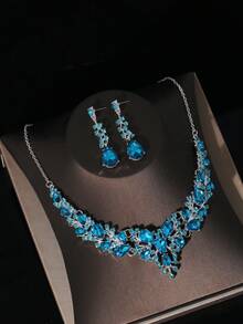 A Set Of Female Bridal Accessories, Blue Rhinestone Embellished Crown, Necklace And Earrings Combination, 4-Piece Wedding Accessories Set, Wedding Dress, Jewelry, Also Suitable For Wedding Parties Tiaras - Silver - View 6