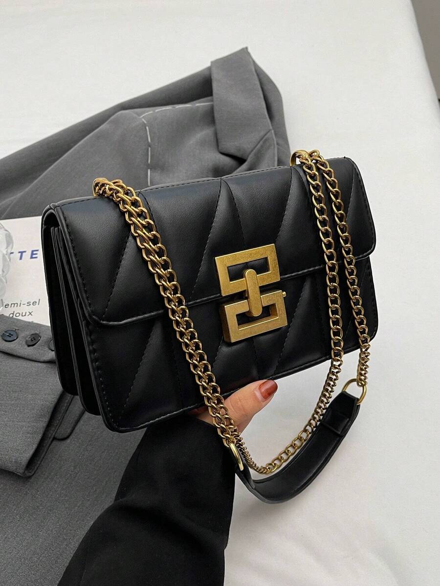 新到貨時尚純色方形橫跨包,鏈帶肩帶適用於女性 - 黑色 - 查看 1