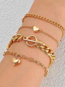 4 件/套時尚簡約歐美風格鍍金幾何連結和心形裝飾手鍊套裝,適合女士日常珠寶佩戴 - 金黃色 - 查看 1