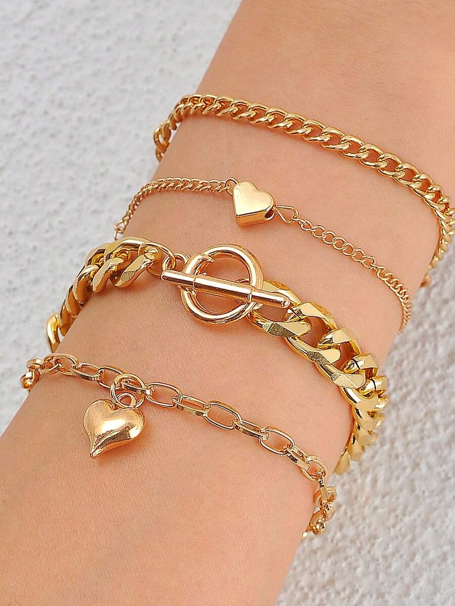 4 件/套時尚簡約歐美風格鍍金幾何連結和心形裝飾手鍊套裝,適合女士日常珠寶佩戴 - 金黃色 - 查看 1