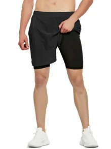 TENJOY Men's 2-In-1 Running Shorts 5-Inch Quick-Dry Workout Gym Training Shorts With Phone Pocket - Black - View 2