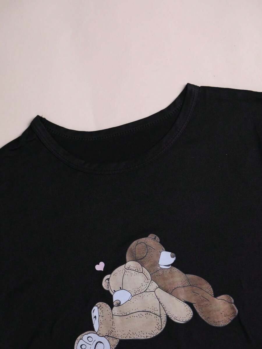 3pcs/Set Bear Pattern Top And Checker Shorts & Pants Home Outfit SHEIN UK