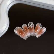 Upgrade Your Style: 10pcs Purely Handmade Nail Art Decals With Nude Color And Square Rhinestones, Removable, Perfect For Parties, Dates, Gift For Girls And Women Press On Nails Nail Supplies - Brown - View 2