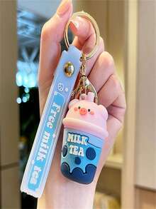 1入組藍色豬形飲料杯鑰匙扣,卡通豬形鑰匙扣,背包掛飾鑰匙扣 - 藍色 - 查看 2