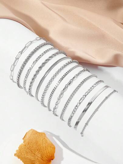 Ensemble De Bracelets Simples Et Élégants En Acier Inoxydable Et Argent, 12 Pièces, Adaptés À La Décoration Quotidienne Ou Aux Cadeaux