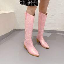 Women's Embroidered Knee High Boots Chunky Heel Cowboy Cowgirl Boots Pointed Toe Slip On Western Chevalier Boots - 粉色 - 查看 3