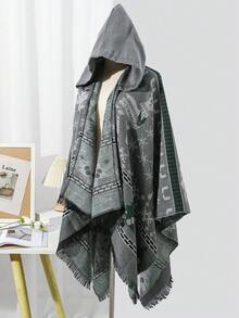 1 件裝女士鹿和雪花印花聖誕風格溫暖斗篷,非常適合冬季攝影氛圍 - 灰色 - 查看 5