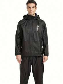 1set Men's Outdoor Waterproof, Windproof And Lightweight Hooded Jacket And Pants Suit For Hiking And Camping In Rainy Season And Biking Or Trekking Gym Clothes Men, Athletic Suit, Tracksuit - Black - View 3