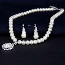 2pcs Bridal Set Water Drop Rhinestone Pearl Earrings Necklace, Fashion Jewelry For Women - White - View 3