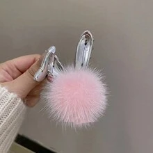 1 件裝時尚可愛甜美公主風格粉紅色毛絨兔耳環髮夾適合女士日常佩戴 - 粉色 - 查看 3