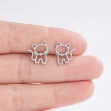 1對簡單不鏽鋼貓形耳針,適合男女日常佩戴 - 不銹鋼貓耳環 - 查看 5