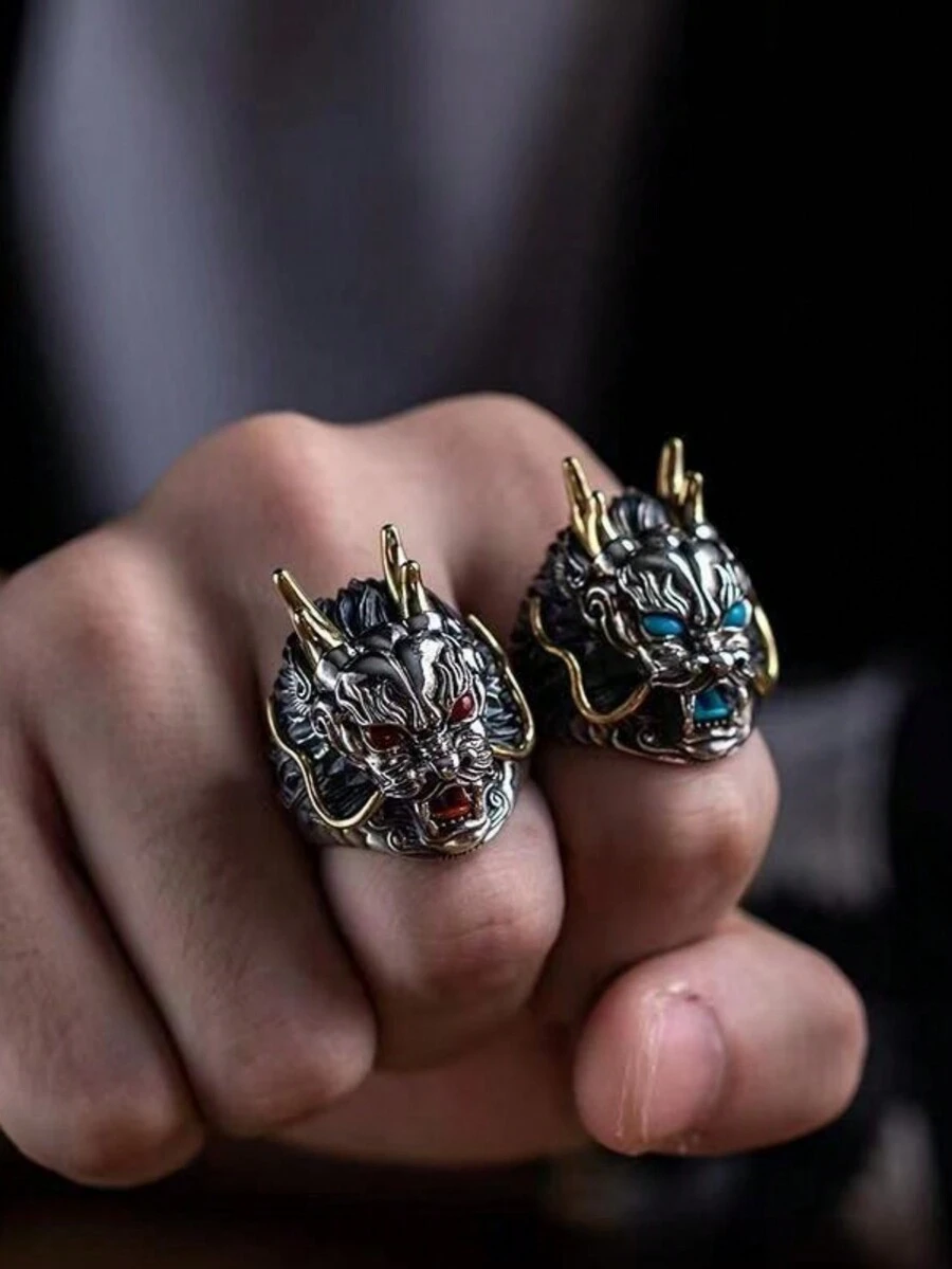 Anillo De Apertura Ajustable Unisex Con Cabeza De Dragón Estilo Punk Exagerado, Joyería Personalizada, 1 Ud. - Rojo - Ver 1