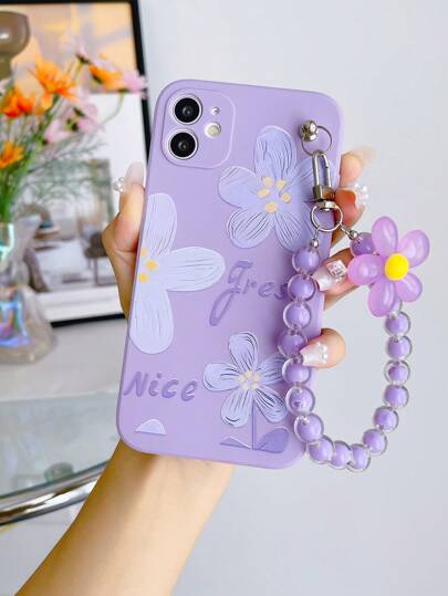1pc Solid Color TPU Shockproof Full Body Phone Case & 1pc Floral Beaded Lanyard Strap, Compatible With Apple/Android Phones Such As Galaxy A51 4G, A52, A52s 5G, S23 Ultra, A13 4G, A12, S25 Ultra, OPPO A54, A54, X, XR