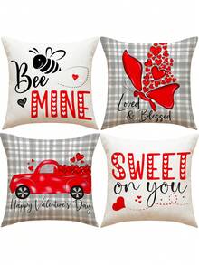4入組情人節蝴蝶、蜜蜂、汽車和心臟設計裝飾枕套,沙發用亞麻坐墊套,品項尺寸18x18英寸(不含枕芯) - 彩色 - 查看 4