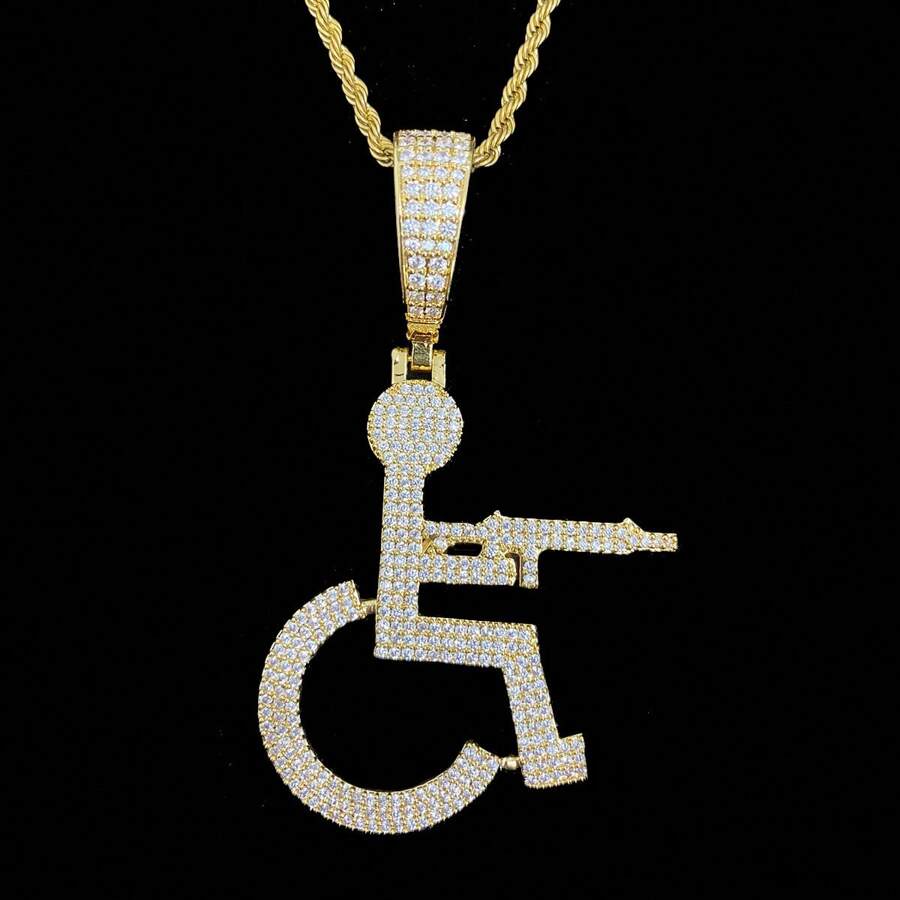 1 件冰冷輪槍項鍊吊墜男士鍍方晶鋯石銅嘻哈首飾 - 金色 - 查看 1