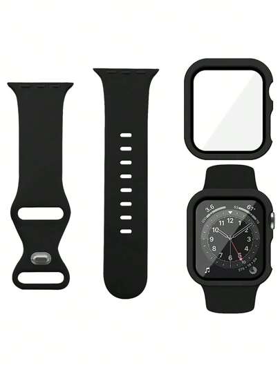 2pcs/Set Black Cute Soft Silicone Sport Watch Strap & 2 In 1 Screen Protector Ultra-Thin Tempered Film Watch Cover, For Apple Watch Band 38/40/41/42/44/45/46/49mm, Series Ultra/SE/11/10/9/8/7/6/5/4/3/2/1, Intelligent Watch Case Accessories