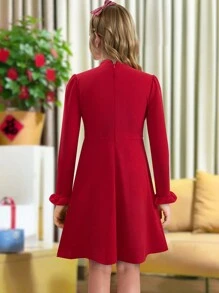 Tween Girl Vintage Puff Sleeve Mandarin Collar Chinese Style Cheongsam Dress - Red - View 2