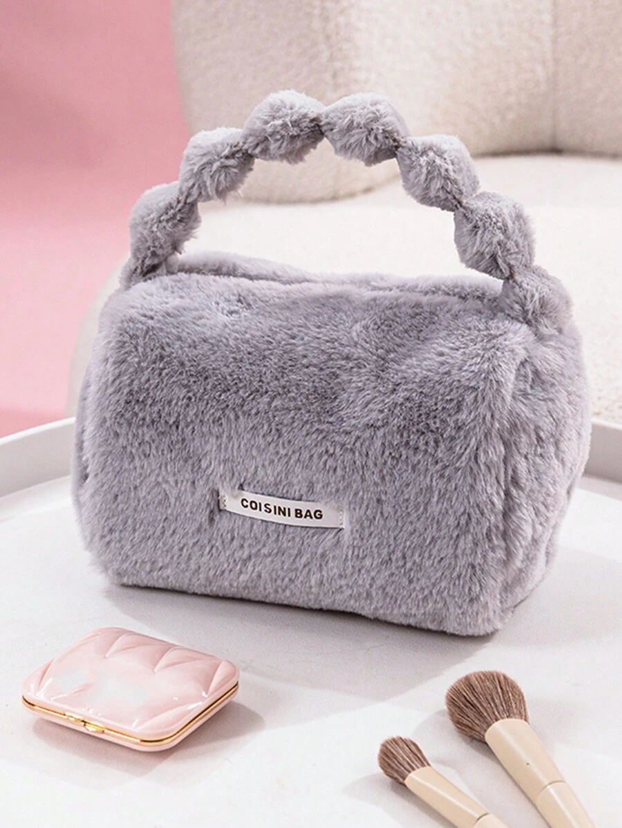 大容量可愛絨毛化妝包,適用於旅行及整理護膚品、手提化妝品和時尚配飾、多功能家居收納 - 灰色 - 查看 1