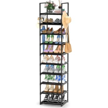 10 Tier Tall Shoe Rack Organizer For Closet Entryway, 20-24 Pair Shoe Boot Storage Rack, Narrow Metal Shoe Shelf Small Vertical Stackable Shoe Stand For Bedroom Corner With 2 Hooks PP Gaskets