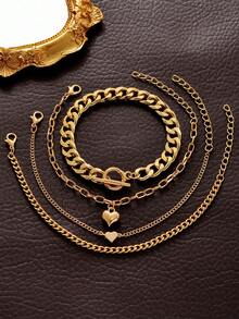 4 件/套時尚簡約歐美風格鍍金幾何連結和心形裝飾手鍊套裝,適合女士日常珠寶佩戴 - 金黃色 - 查看 3