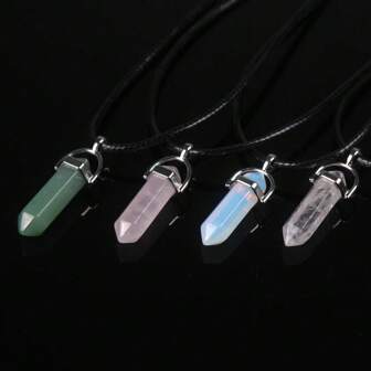 1pc Natural Stone Amethyst Crystal Necklace PU Leather Rope Necklace Couple Gift Lucky Stone Necklace Hexagon Pillar Crystal Pendant Necklace For Men Women Dropshipping