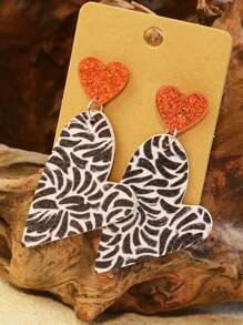 1pair Valentine'S Day Asymmetric Gridded Heart Design Leather Double-Sided Printed Soft Earrings, Leopard & Minimalist Black-White Style For Women - acrylic earrings - View 6