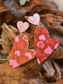 1pair Valentine'S Day Asymmetric Gridded Heart Design Leather Double-Sided Printed Soft Earrings, Leopard & Minimalist Black-White Style For Women - acrylic earrings - View 7